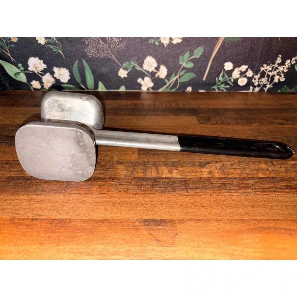 Vintage Aluminum Dual Sided Meat Tenderizer Mallet Hammer Black Handle 10.75